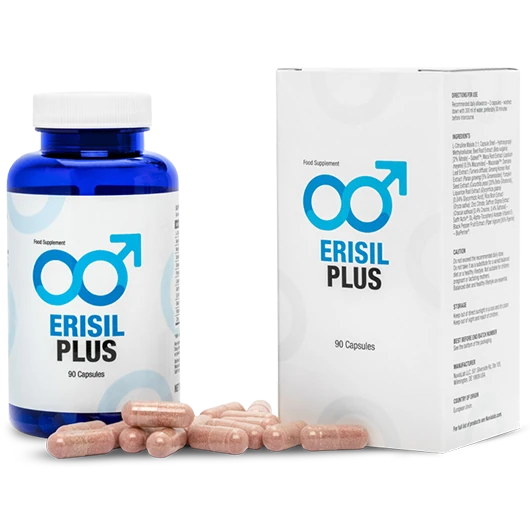 Envase de Erisil Plus, el suplemento natural líder para erecciones y potencia masculina