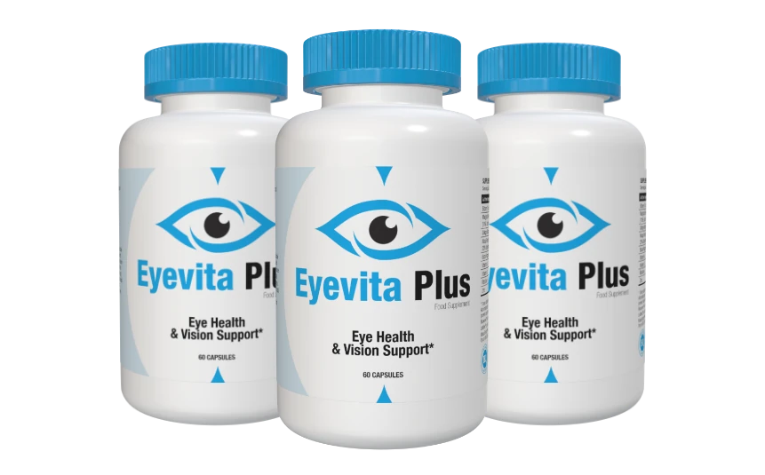 Envase de Eyevita Plus en mano, enfocado en salud ocular