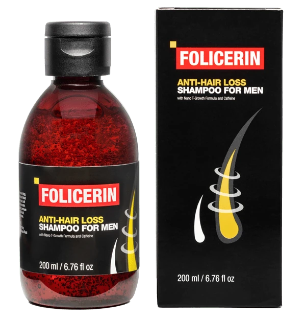 Folicerin: champú anticaída para hombres, envase del producto.