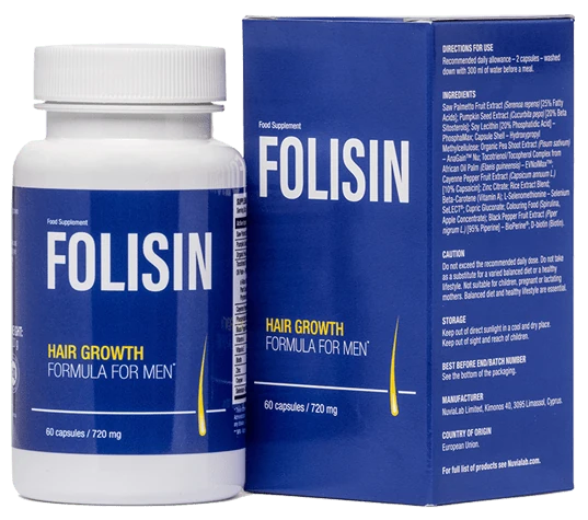 Envase de Folisin, suplemento líder para el crecimiento y frenar la caída del cabello en hombres.