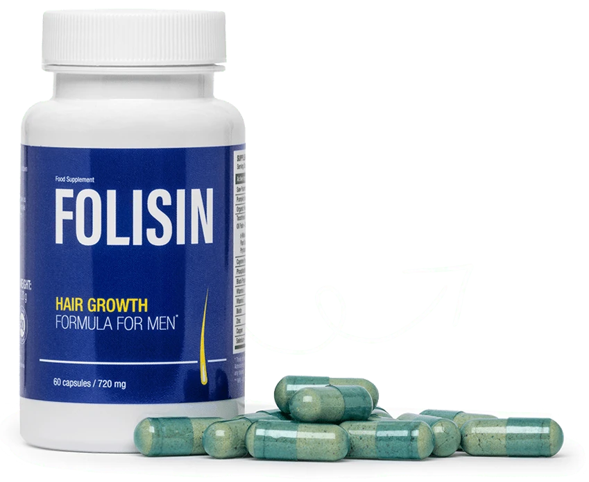 Cápsulas de Folisin, el suplemento dietético premium para la salud y crecimiento capilar masculino.