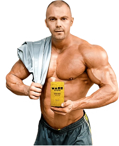 Hombre con músculos definidos y gran masa muscular, resultados de Mass Extreme.