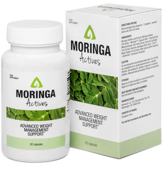 Envase de Moringa Actives, suplemento natural para adelgazar y control de peso.