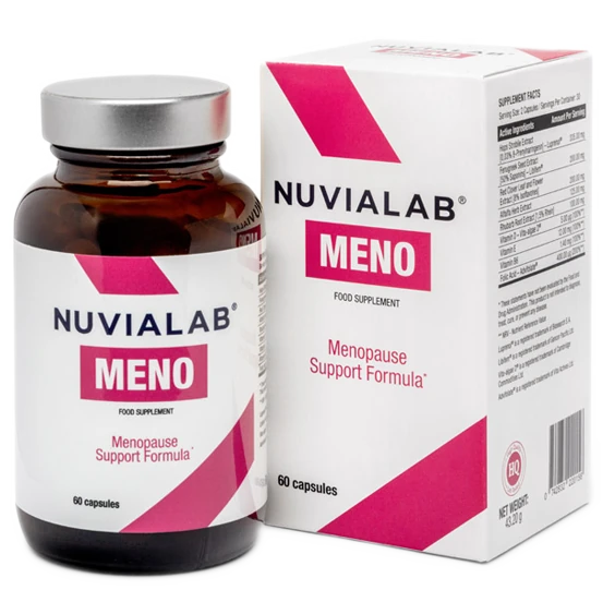 Envase de NuviaLab Meno, suplemento para el alivio de la menopausia