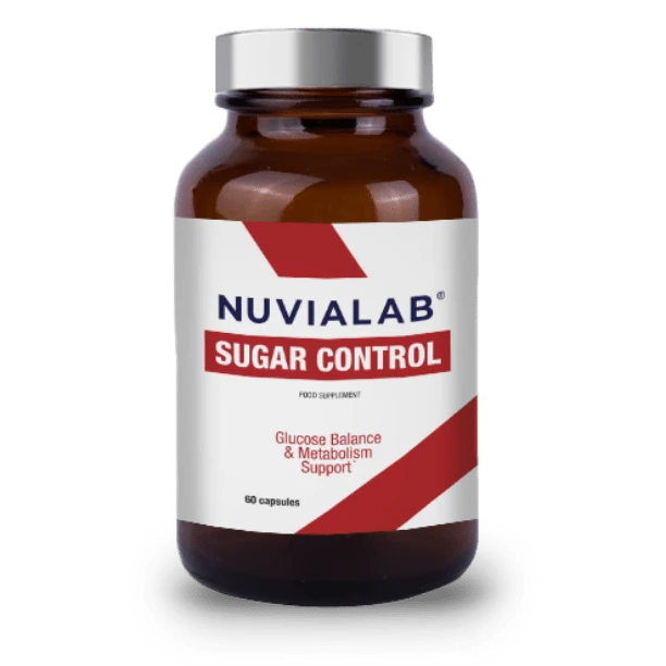 Envase de NuviaLab Sugar Control para el control de los niveles de azúcar en sangre.