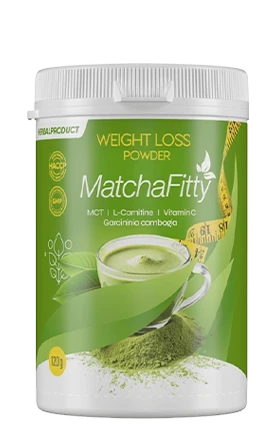 Envase de MatchaFitty, el **polvo keto para perder peso**